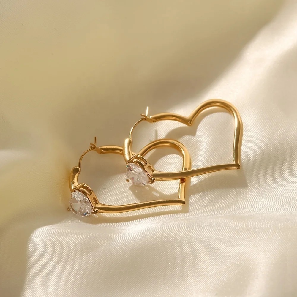 18K Gold Plated Heart Cubic Zirconia Hoop Earrings - Picture 7 of 8
